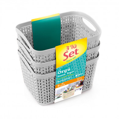 SET 3 CESTOS RECTANGULAR GRIS C/ASA (16,5 X 12,5 X 10,7 CM) 1,5L 7 HOUSE