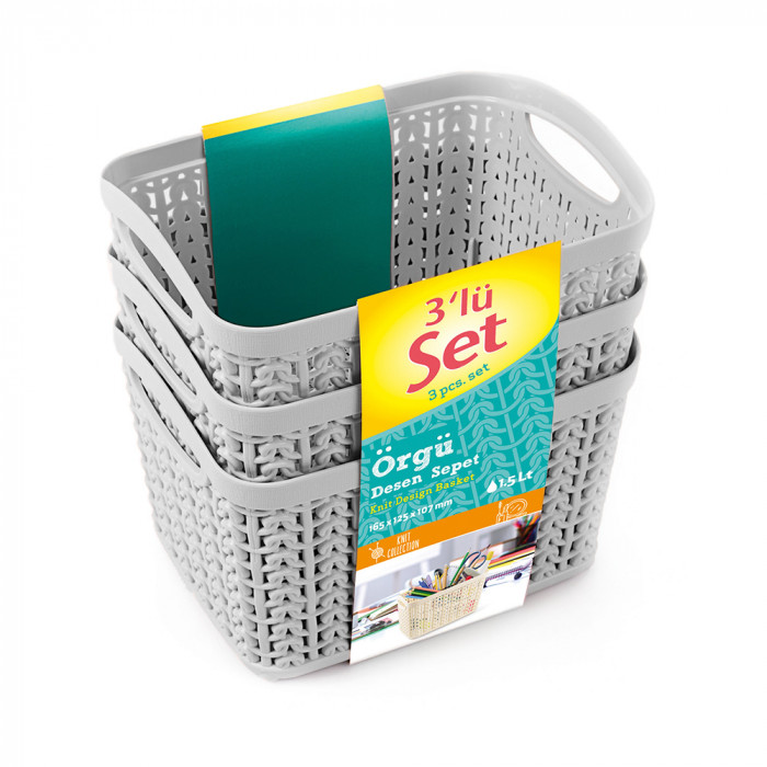 SET 3 CESTOS RECTANGULAR GRIS C/ASA (16,5 X 12,5 X 10,7 CM) 1,5L 7 HOUSE