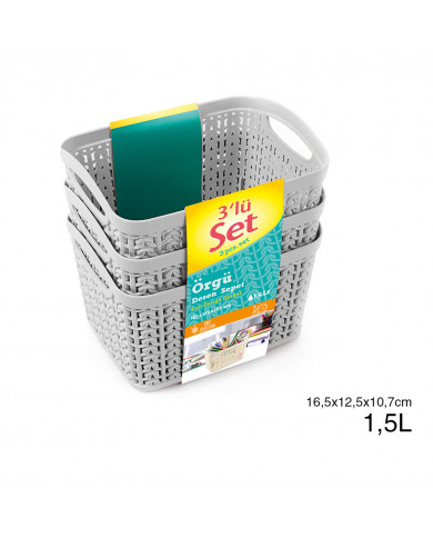 SET 3 CESTOS RECTANGULAR GRIS C/ASA (16,5 X 12,5 X 10,7 CM) 1,5L 7 HOUSE