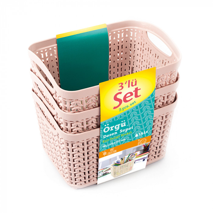 SET 3 CESTOS RECTANGULAR ROSA C/ASA (16,5 X 12,5 X 10,7 CM) 1,5L 7 HOUSE