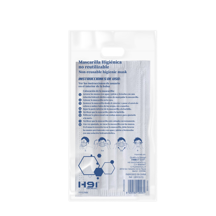 PACK 25 MASCARILLAS HIGIÉNICAS NO REUTILIZABLES COLOR BLANCO H91 MEDICAL BS.25  (BR)