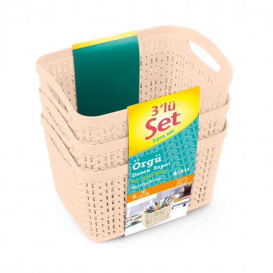 SET 3 CESTOS RECTANGULAR CREMA C/ASA 816,5 X 12,5 X 10,7 CM) 1,5L 7HOUSE