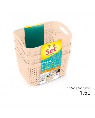 SET 3 CESTOS RECTANGULAR CREMA C/ASA 816,5 X 12,5 X 10,7 CM) 1,5L 7HOUSE