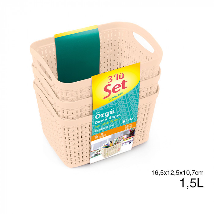 SET 3 CESTOS RECTANGULAR CREMA C/ASA 816,5 X 12,5 X 10,7 CM) 1,5L 7HOUSE