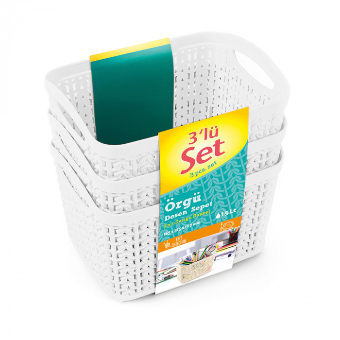 SET 3 CESTOS RECTANGULAR BLANCO C/ASA (16,5 X 12,5 X 10,7 CM) 1,5L 7HOUSE