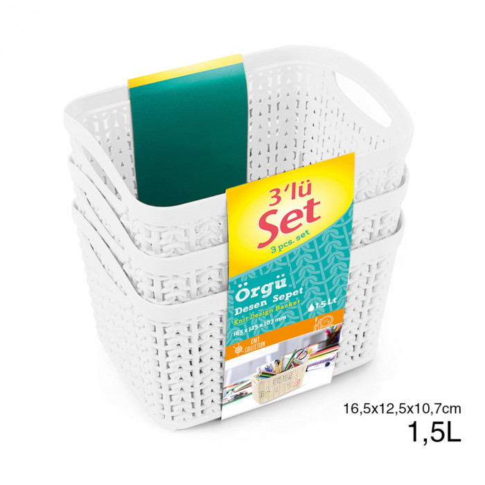 SET 3 CESTOS RECTANGULAR BLANCO C/ASA (16,5 X 12,5 X 10,7 CM) 1,5L 7HOUSE