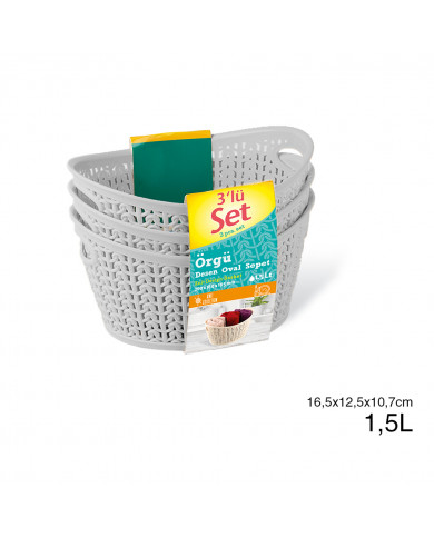 SET 3 CESTOS OVAL C/ASA GRIS (16,5 X 12,5 X 10,7 CM) 1,5L 7 HOUSE