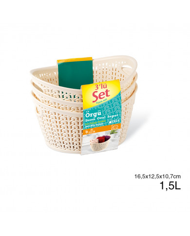 SET 3 CESTOS OVAL C/ASA CREMA (16,5 X 12,5 X 10,7 CM) 1,5L 7 HOUSE