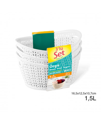 SET 3 CESTOS OVAL C/ASA BLANCO (16,5 X 12,5 X 10,7 CM) 1,5L 7 HOUSE
