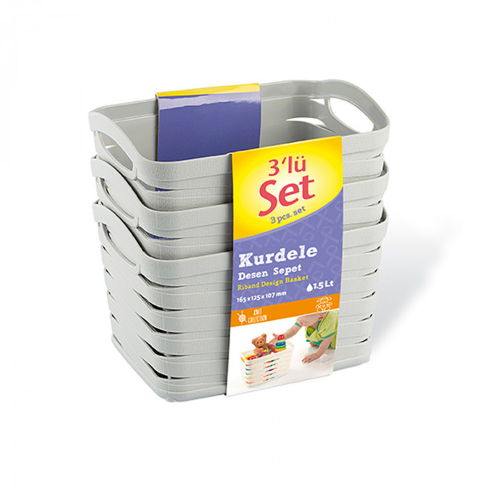 SET 3 CESTOS RECTANGULAR C/ASA GRIS (16,5 X 12,5 X 10,7 CM) 1,5L 7 HOUSE