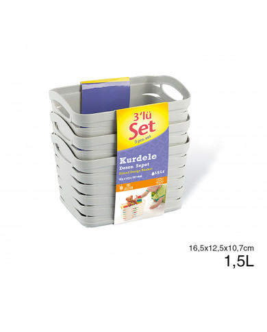 SET 3 CESTOS RECTANGULAR C/ASA GRIS (16,5 X 12,5 X 10,7 CM) 1,5L 7 HOUSE
