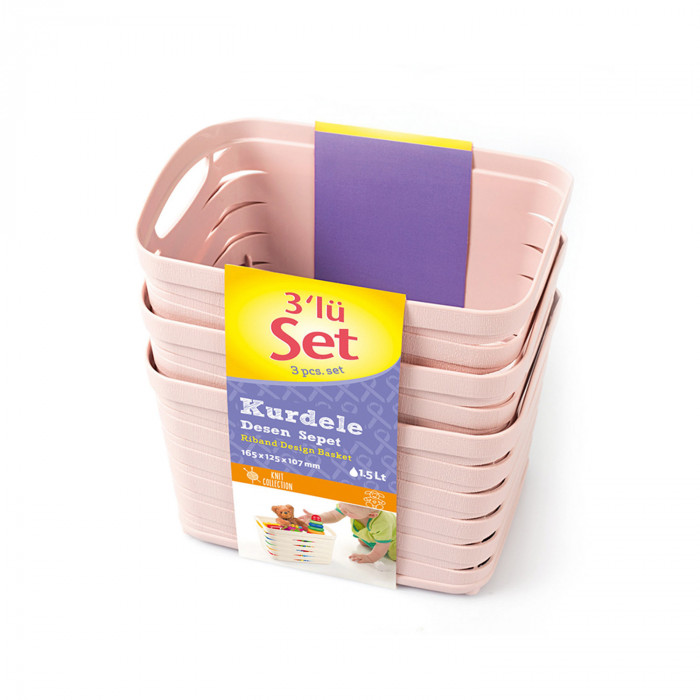 SET 3 CESTOS RECTANGULAR C/ASA ROSA (16,5 X 12,5 X 10,7 CM) 1,5L 7 HOUSE