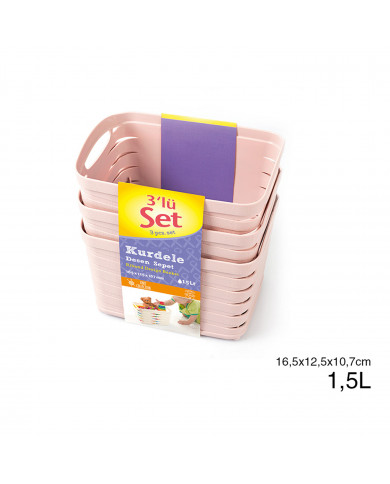 SET 3 CESTOS RECTANGULAR C/ASA ROSA (16,5 X 12,5 X 10,7 CM) 1,5L 7 HOUSE