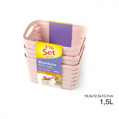 SET 3 CESTOS RECTANGULAR C/ASA ROSA (16,5 X 12,5 X 10,7 CM) 1,5L 7 HOUSE
