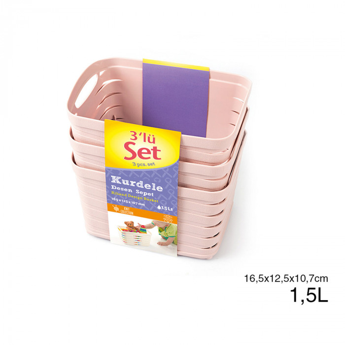 SET 3 CESTOS RECTANGULAR C/ASA ROSA (16,5 X 12,5 X 10,7 CM) 1,5L 7 HOUSE