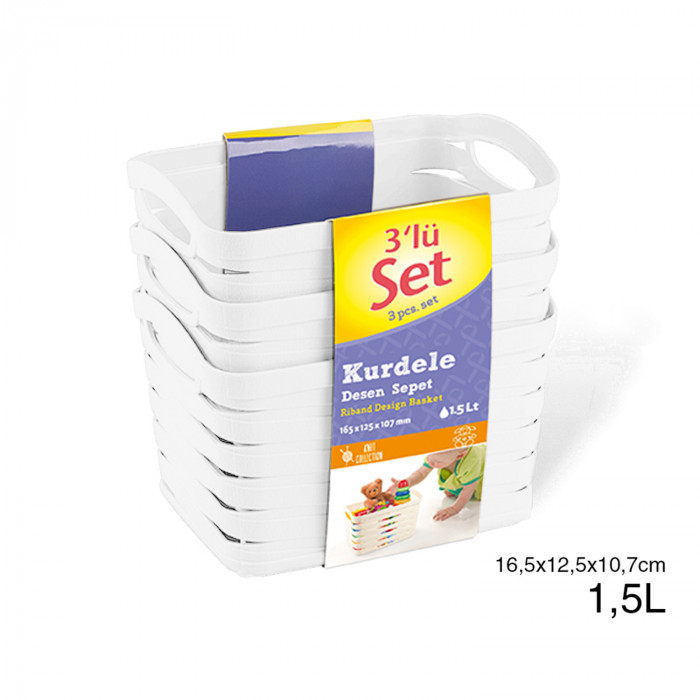 SET 3 CESTOS RECTANGULAR BLANCO C/ASA (16,5 X 12,5 X 10,7 CM) 1,5L 7HOUSE