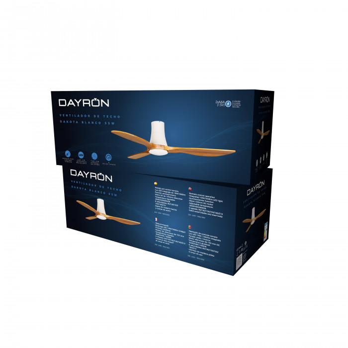 VENTILADOR TECHO DAKOTA 55W MOTOR DC 153mm CON LUZ LED 18W BLANCO/MADERA CLARA DAYRON