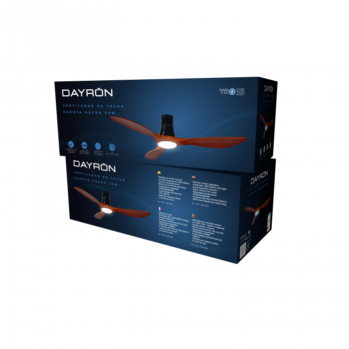 VENTILADOR TECHO DAKOTA 55W MOTOR DC 153mm CON LUZ LED 18W NEGRO/MADERA OSCURA DAYRON