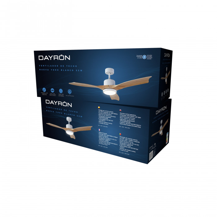 VENTILADOR TECHO NUEVA YORK 55W MOTOR DC 153mm CON LUZ LED 18W BLANCO/MADERA CLARA DAYRON