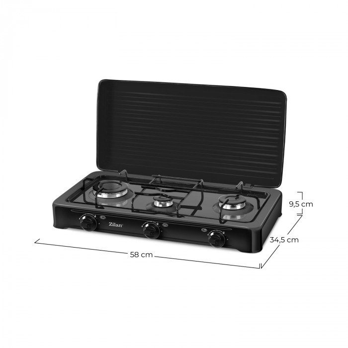 HORNILLO DE GAS NEGRO 3 FUEGOS CON TAPA 9X60X35CM CJ.1