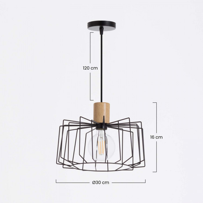 LAMPARA WIELUN NEGRO/MADERA NATURAL 30X30X25CM SEVEN ON DECO