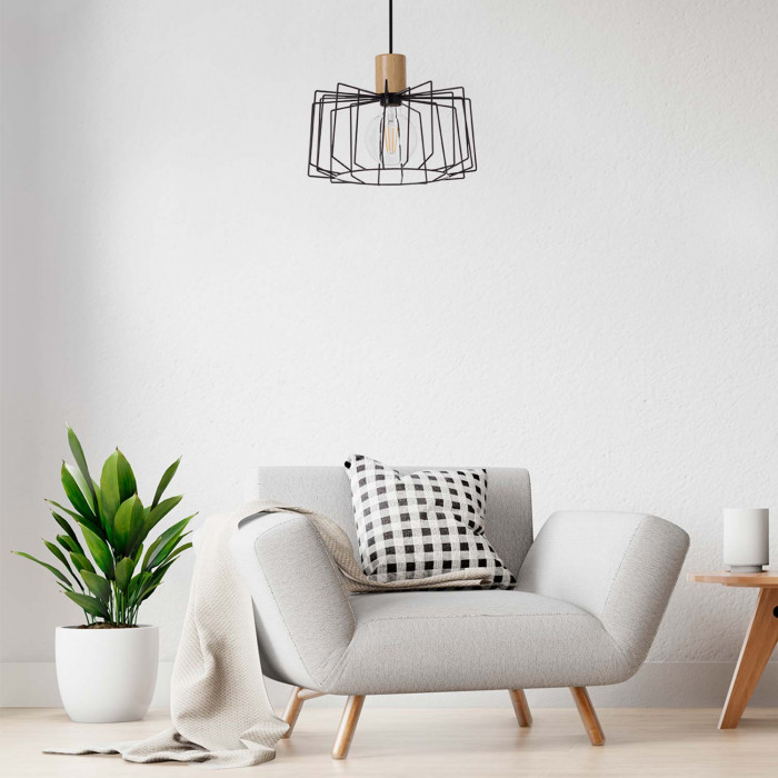 LAMPARA WIELUN NEGRO/MADERA NATURAL 30X30X25CM SEVEN ON DECO