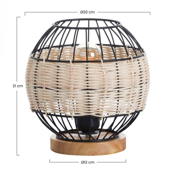 LAMPARA DE MESA TAI METAL-RATTAN-MADERA NATURAL/NEGRO DN20X21CM SEVEN ON DECO