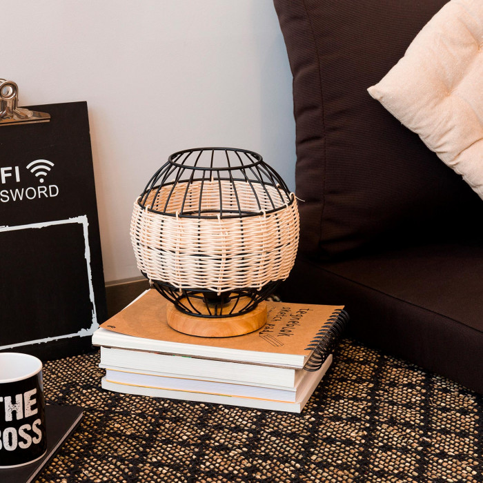 LAMPARA DE MESA TAI METAL-RATTAN-MADERA NATURAL/NEGRO DN20X21CM SEVEN ON DECO