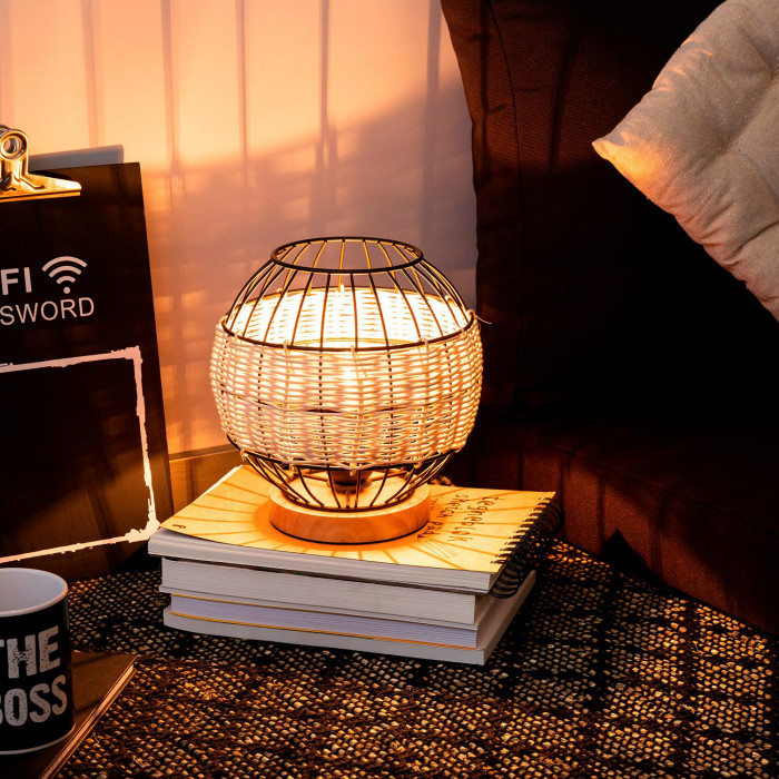 LAMPARA DE MESA TAI METAL-RATTAN-MADERA NATURAL/NEGRO DN20X21CM SEVEN ON DECO