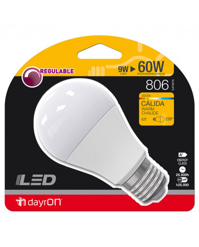 LED SMD ESTANDAR PLAS REGUL 9W(60W)806lm E27 180º 3000K 25000H 7hDayron BL.1