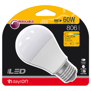 LED SMD ESTANDAR PLAS REGUL 9W(60W)806lm E27 180º 3000K 25000H 7hDayron BL.1