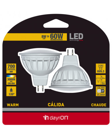 LED SMD SPOTLIGHT PLAST 8W (60W) 700lm GU5.3 120º 3000K 25000H 7hDayron BL.2