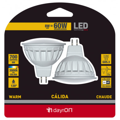 LED SMD SPOTLIGHT PLAST 8W (60W) 700lm GU5.3 120º 3000K 25000H 7hDayron BL.2