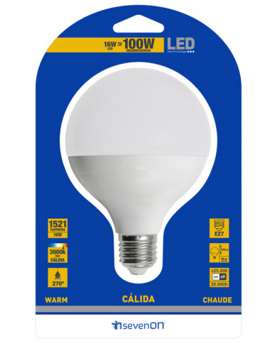 LED SMD GLOBO 16W (100W) 1521lm E27 3000K 25000H 7hSevenOn BL.1