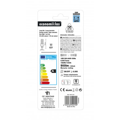 CFL 3U NORMAL T4 SENSOR 15W 900lm E27 6400K 6000H ECONOMIKLAS BL.1