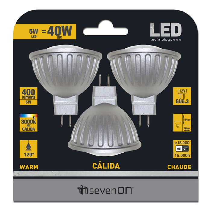 BOMBILLA LED SPOTLIGHT MR16 12V GU5.3 5W (36W) 400LM 3000K 15000H 7hSevenOn BL.3
