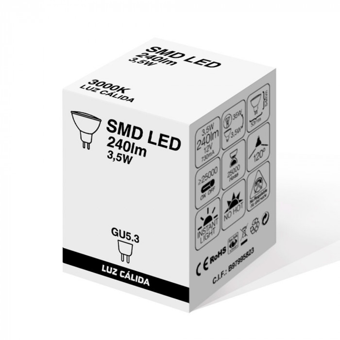 LED SMD SPOTLIGHT PLASTICO 3,5W (25W) 240lm GU5.3 120º 3000K 10000H CJ.1