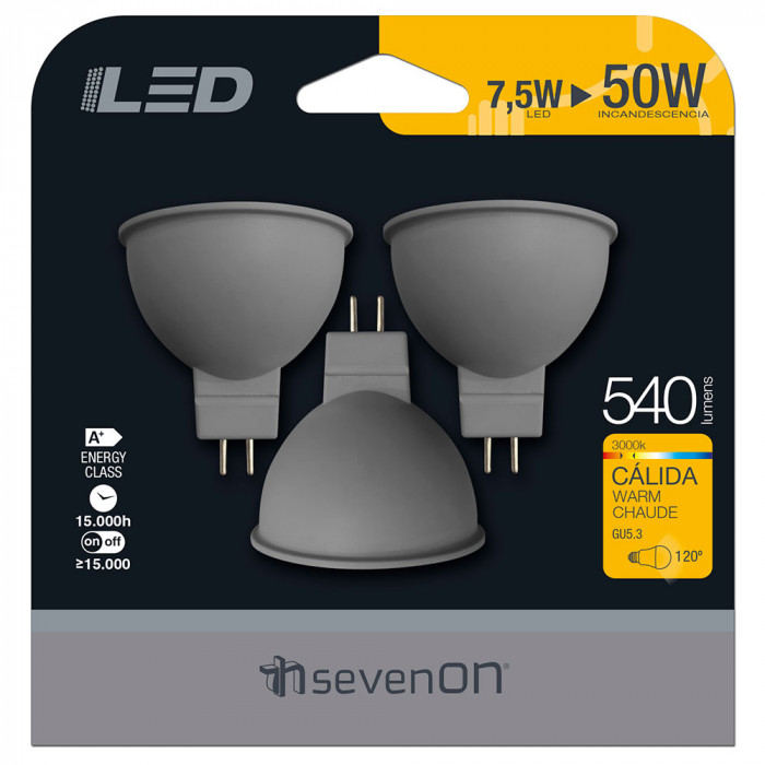 PACK DE 3 BOMBILLAS LED SPOTLIGHT MR16 12V GU5.3 7,5W (50W) 540LM 3000K 15000H 7hSevenOn