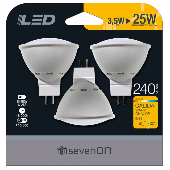 LED SMD SPOTLIGHT PLASTICO 3,5W (25W) 240lm GU5.3 120º 3000K 15000H 7hSevenOn BL.3