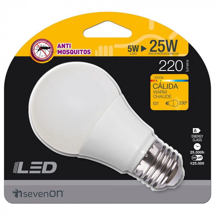 LED SMD ESTANDAR 5W (25W) 220lm ANTIMOSQUITOS E27 230º 3000K 25000H 7HsevenON BL.1