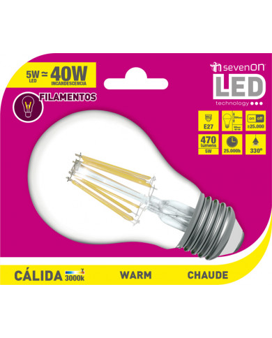 LED ESTANDAR 5W (40W) 470lm FILAMENTO E27 330º 3000K 25000H 7HsevenON BL1