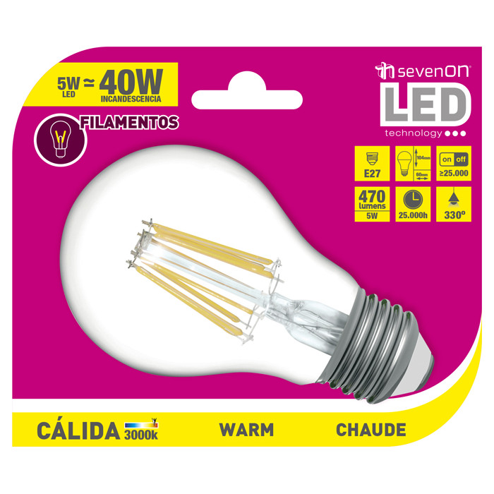LED ESTANDAR 5W (40W) 470lm FILAMENTO E27 330º 3000K 25000H 7HsevenON BL1