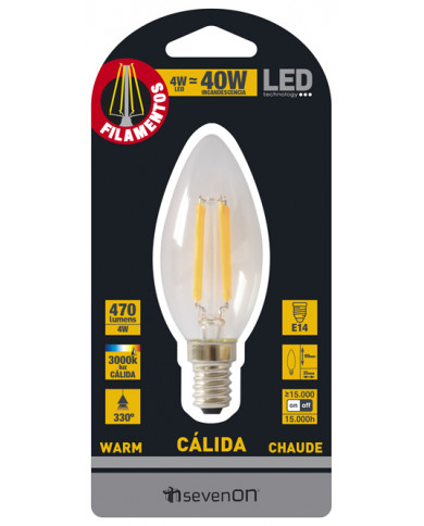 LED VELA 4W (40W) 470lm FILAMENTO E14 330º 3000K 15000H 7hSevenOn BL.1