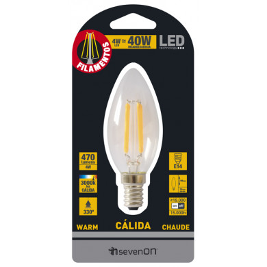 LED VELA 4W (40W) 470lm FILAMENTO E14 330º 3000K 15000H 7hSevenOn BL.1