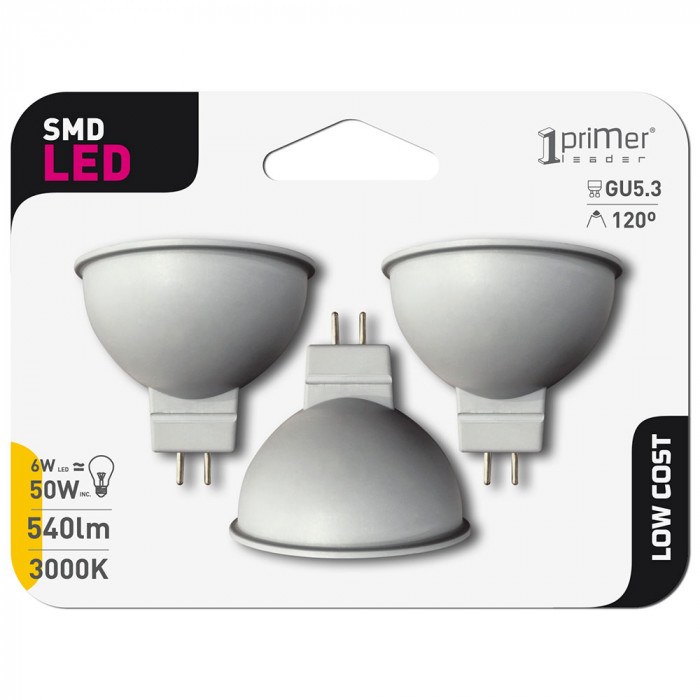 BOMBILLA LED SPOTLIGHT MR16 12V GU5.3 6W (50W) 540LM 3000K 15000H 1Primer Leader BL.3
