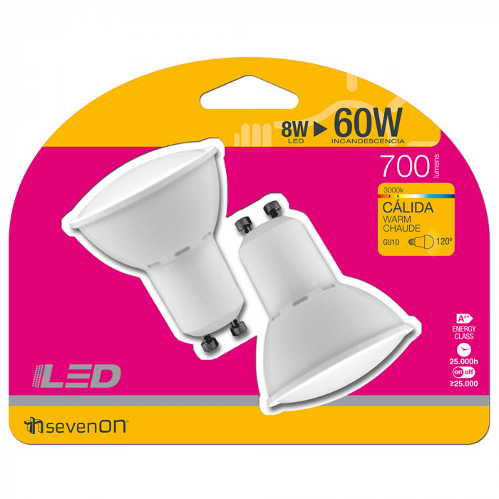 BOMBILLA LED SPOTLIGHT MR16 GU10 8W (60W) 700LM 3000K 25000H 7hSevenOn BL.2
