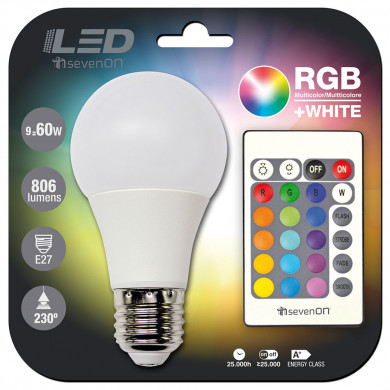 BOMBILLA LED ESTANDAR A60 RGB E27 CON MANDO 9W (60W) 806LM 25000H 7hSevenOn BL.1
