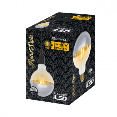 PACK 2 BOMBILLA LED DECORATIVA GLOBO G120 FILAMENTO REGULABLE CUPULA PLATA SUAVE/TRANSPARENTE E27 8W 806LM 2100K 15000H 7hSevenO