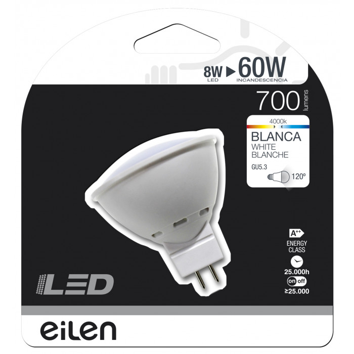 BOMBILLA LED SPOTLIGHT MR16 12V GU5.3 8W (60W) 700LM 4000K 25000H Eilen BL.1

