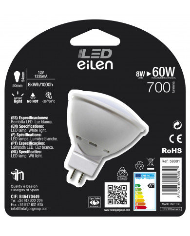 BOMBILLA LED SPOTLIGHT MR16 12V GU5.3 8W (60W) 700LM 4000K 25000H Eilen BL.1
